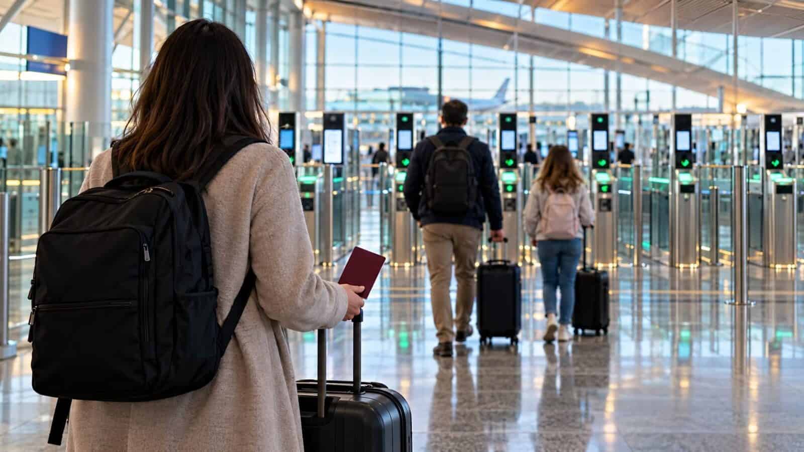 Travellers approaching uk airport immigration control, illustrating eu settlement scheme border guidance.