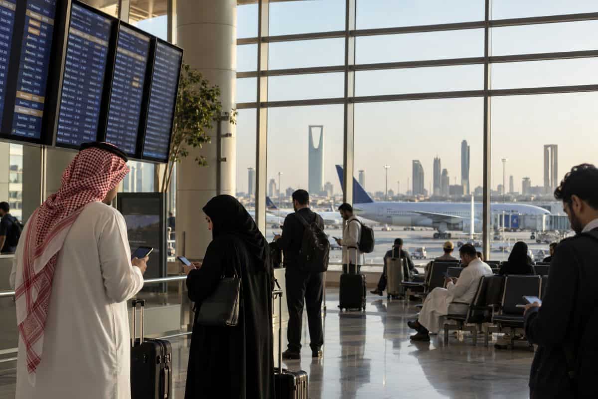 Traveller's check flights at riyadh airport - travel and tour world Travellers check flight updates at a riyadh airport terminal, with aircraft visible outside.