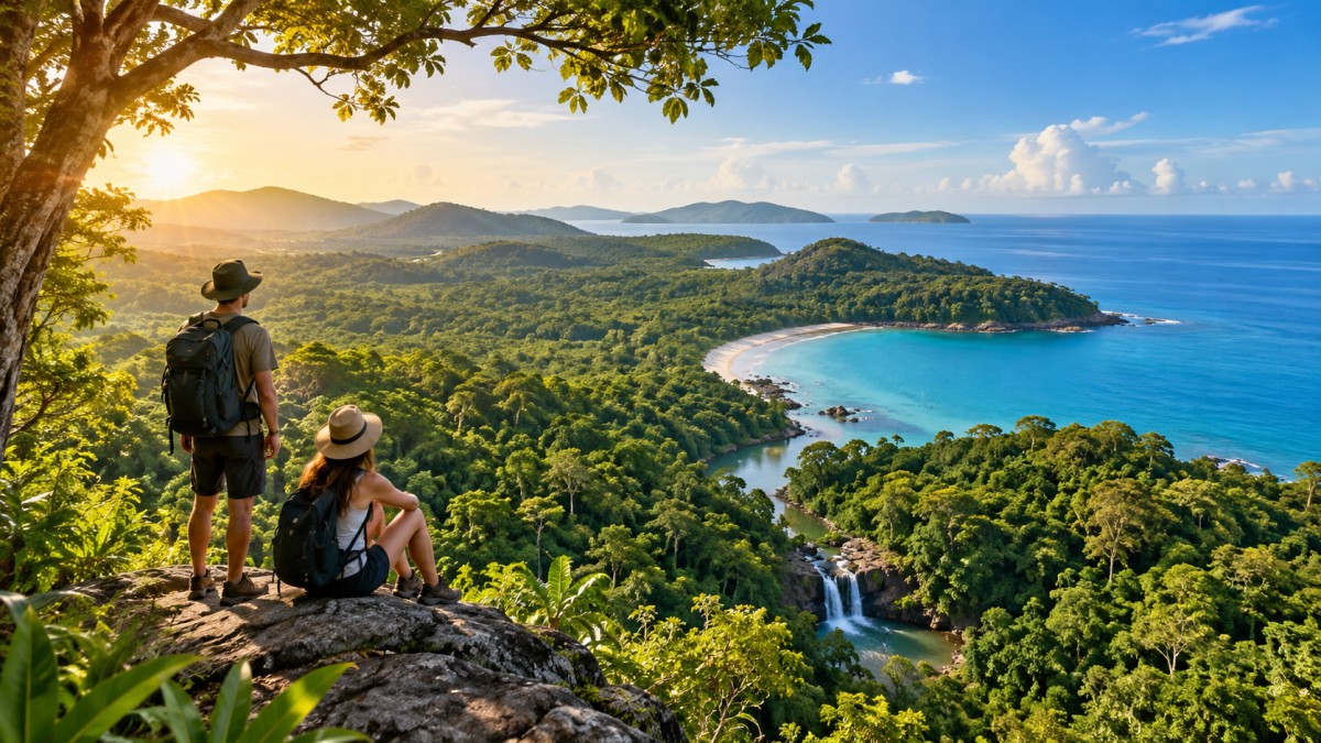 Travellers exploring phu quoc forest - travel and tour world Hikers overlooking tropical forest coast