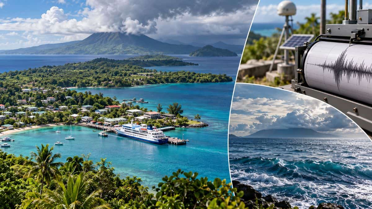 Tropical island seismic monitoring montage - travel and tour world Vanuatu earthquake and tsunami threat near the south pacific island coastline.