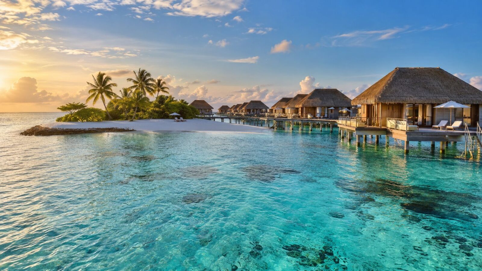Tropical lagoon bungalows at golden hour