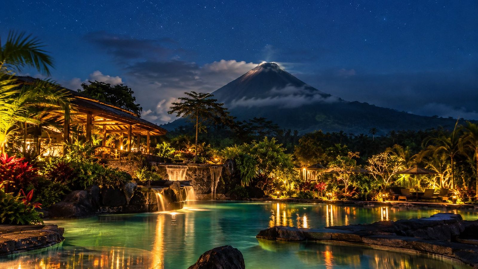 Tropical resort beneath a starry volcano