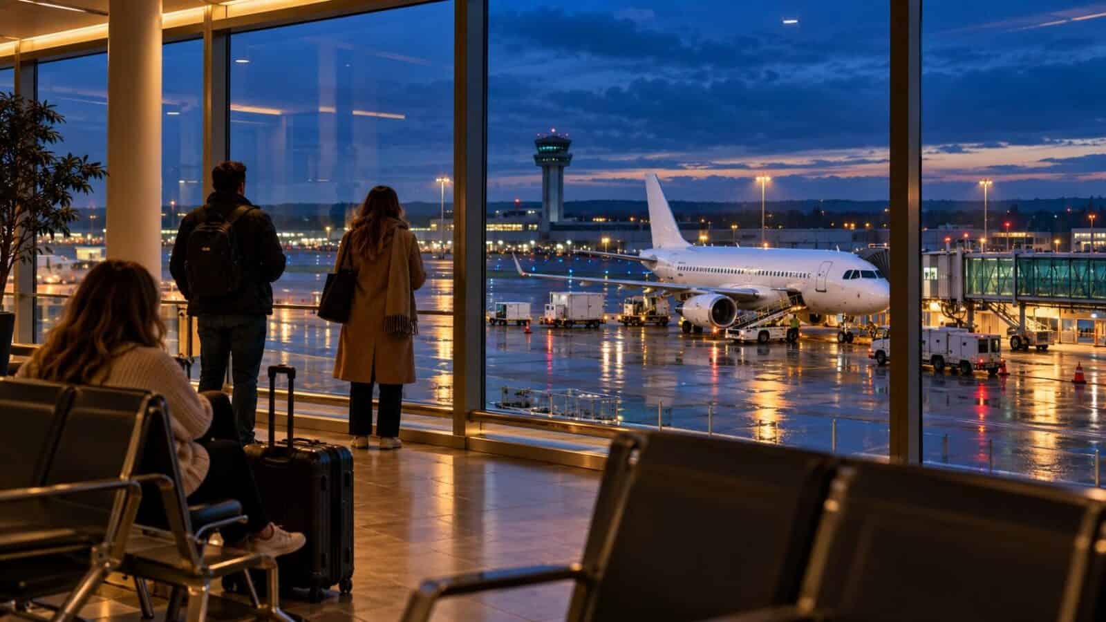 Airport control tower and unbranded aircraft illustrating the leeds bradford air traffic controller strike suspension.