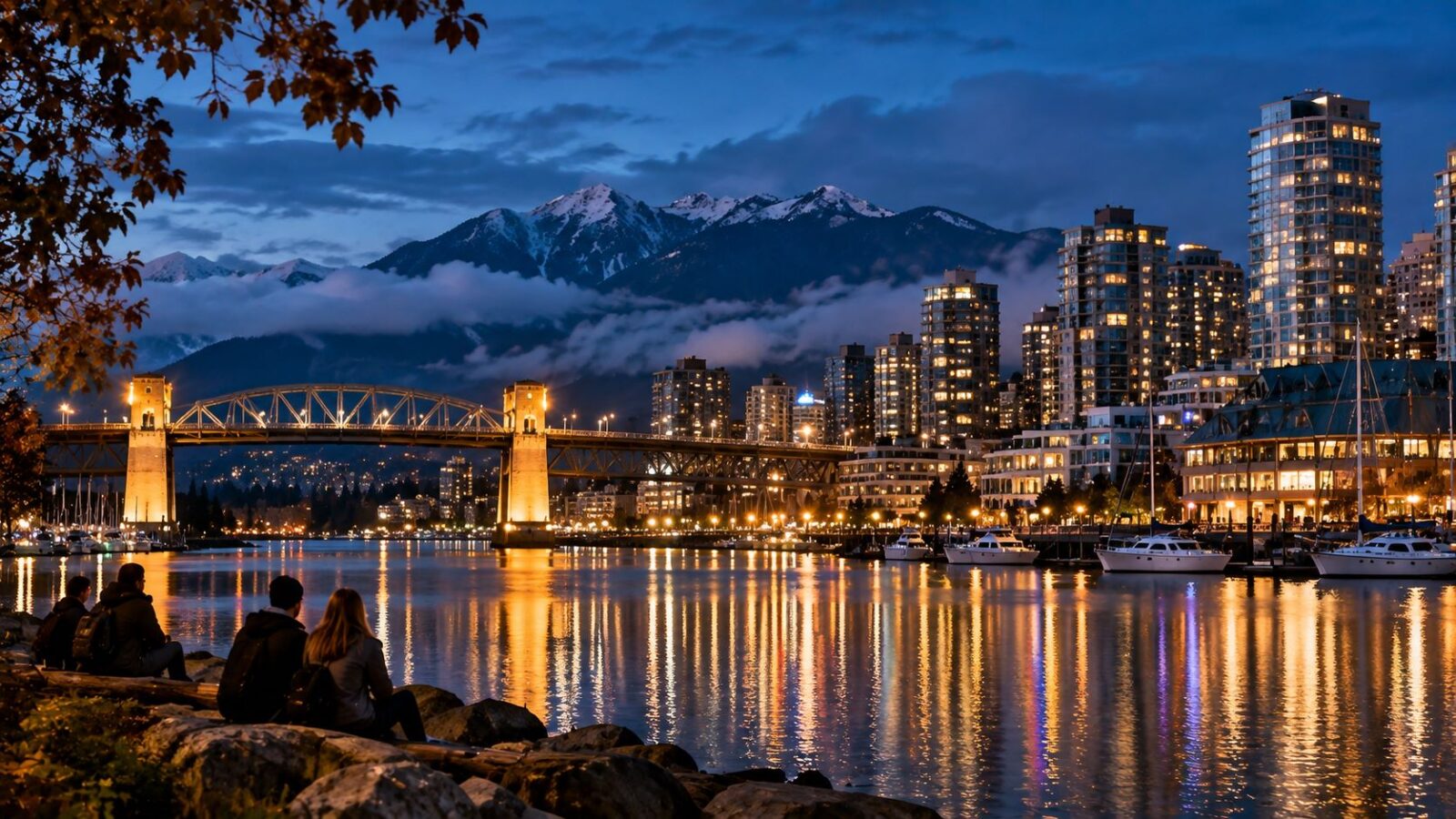 Twilight harbor skyline with mountain reflections - travel and tour world Twilight harbor skyline with mountain reflections