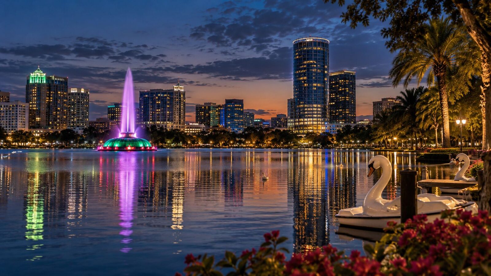 Twilight skyline reflections with swan boats