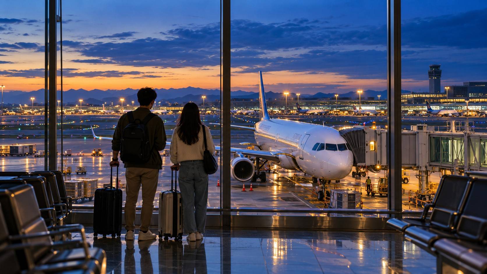 Travellers beside airport windows illustrate taiwan travel connections to regional japan.