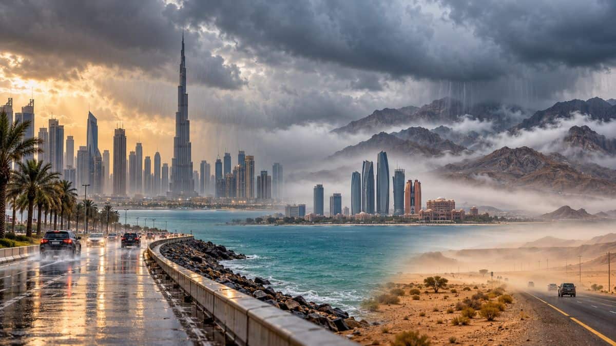 Uae - travel and tour world Uae skyline and mountains under rain clouds