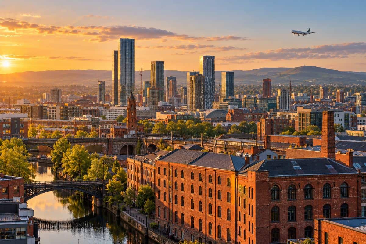 Manchester skyline at golden hour, with red-brick warehouses beside a canal, modern towers, distant hills and a passenger aircraft overhead.