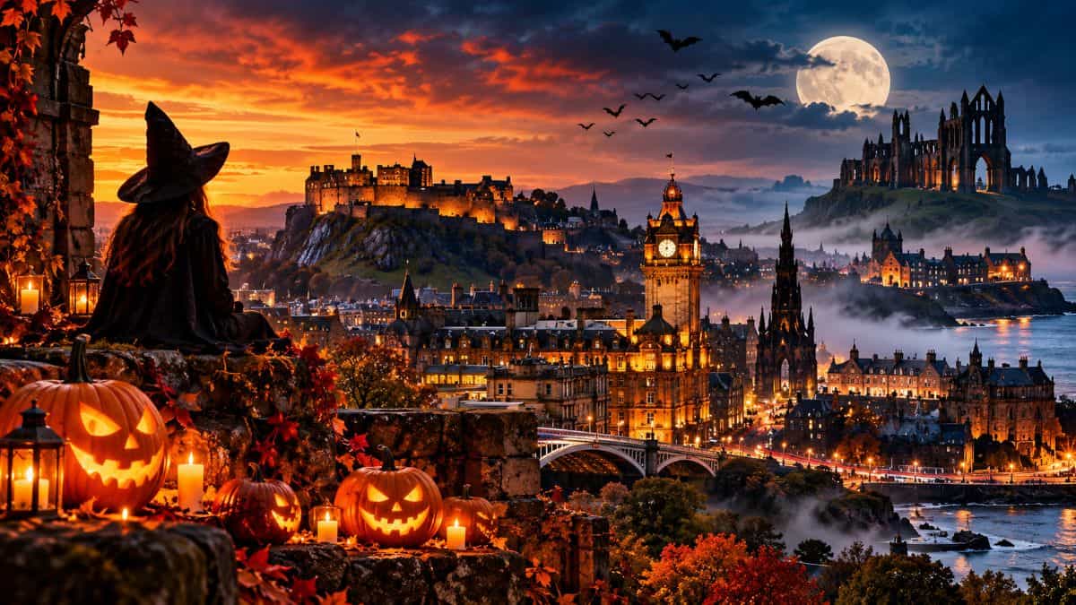 Uk halloween - travel and tour world Uk halloween travel destinations featuring a dramatic gothic cityscape, castle ruins, pumpkins and a witch under a full moon