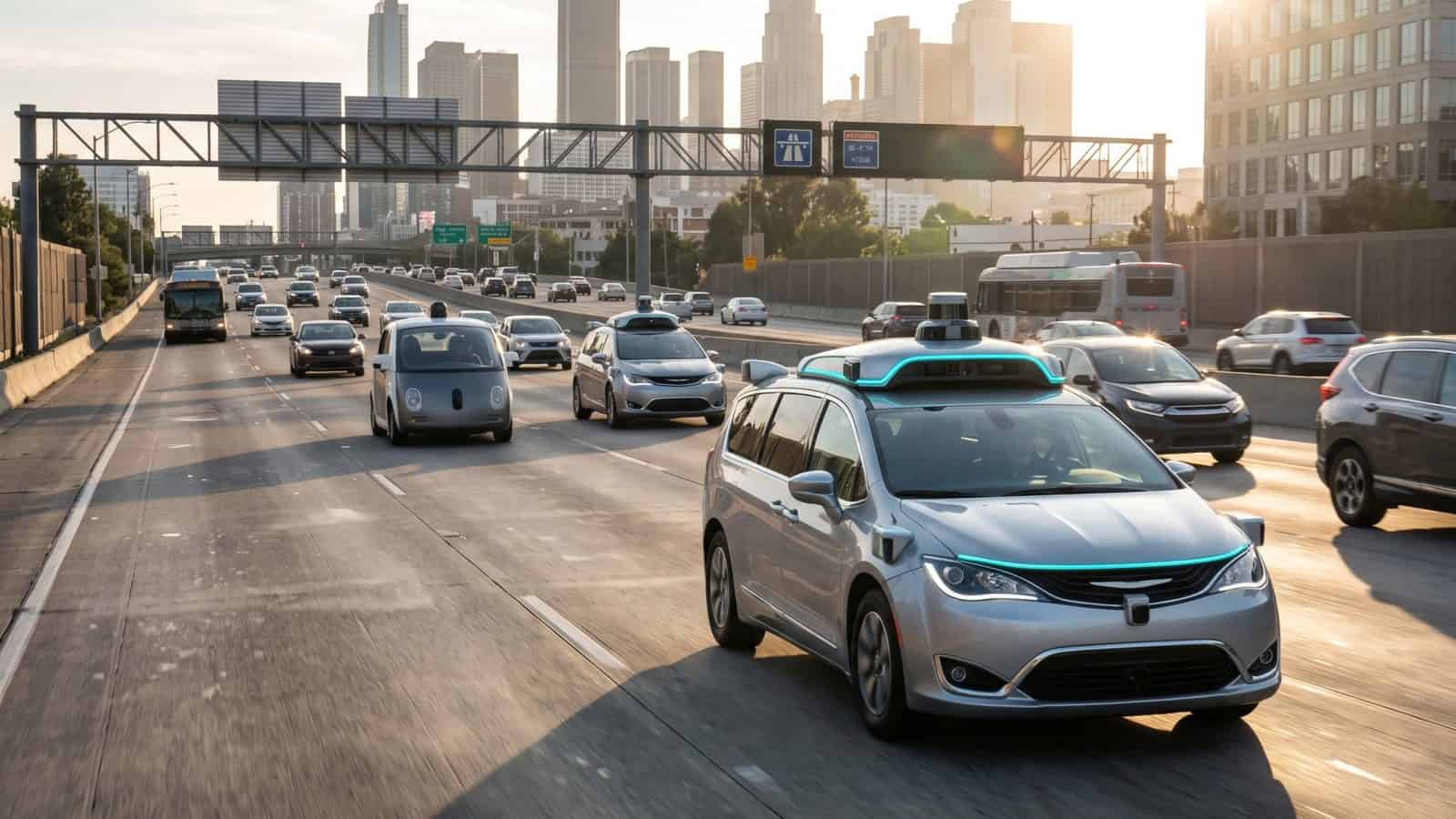 Self-driving cars and robotaxis with cyan safety lights on a us road.