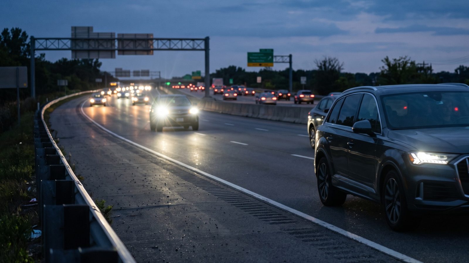 Us-road-travel-safety-new-headlight-rules-glare-reduction - travel and tour world Modern cars on a us highway at dusk with bright led headlights highlighting road safety and glare concerns.