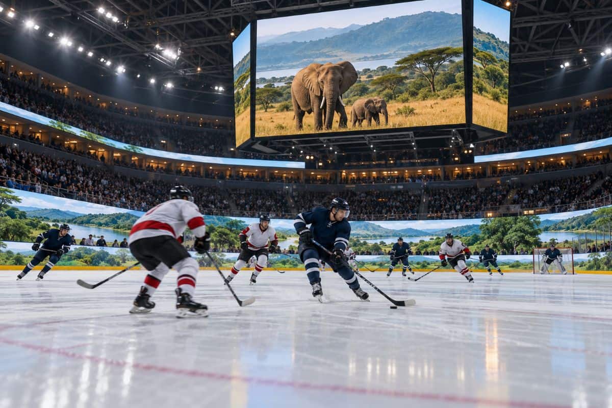 Uganda is now using a new european ice hockey deal to boost tourism marketing and draw more swiss visitors - travel and tour world Ice hockey players compete beneath a giant arena screen showing elephants, with green landscapes displayed around the rink