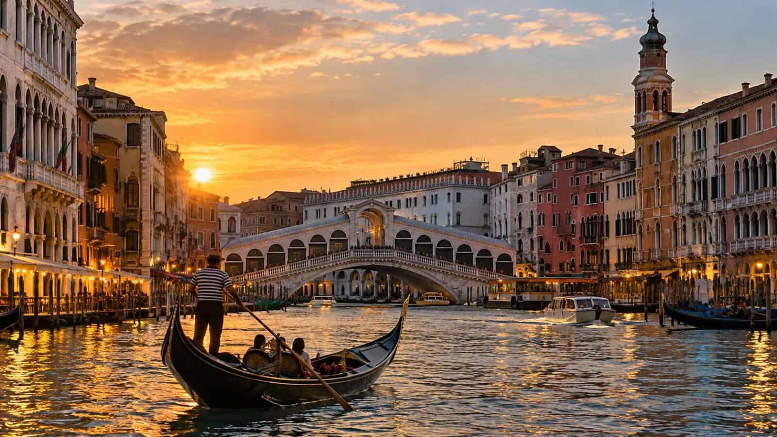 Venice canal at golden sunset