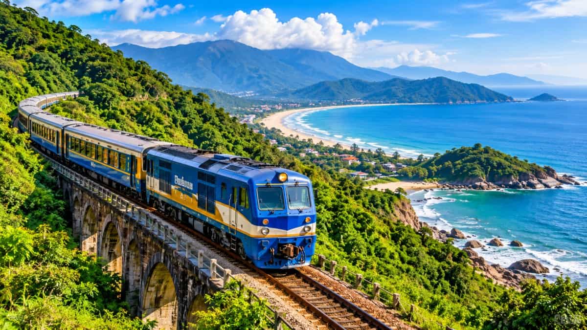 Vietnam da nang scenic railway journey - travel and tour world Scenic train winding along coastal cliffs