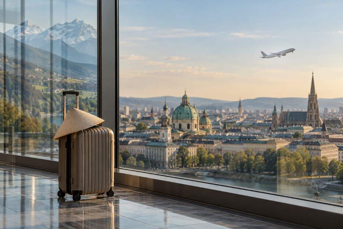 Vietnamese conical hat on a suitcase beside an airport window, with a vienna-inspired skyline, departing aircraft and alpine reflection