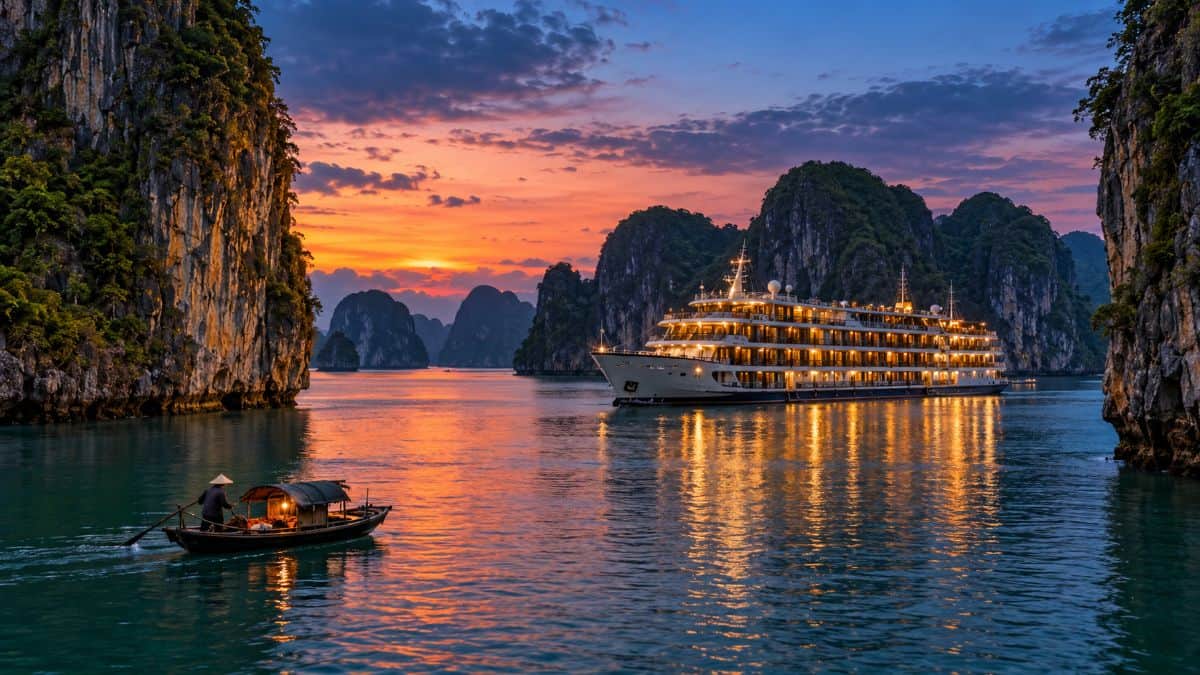 Vietnam luxury cruise - travel and tour world Luxury cruise ship and local boat pass limestone karsts in ha long bay at sunset.