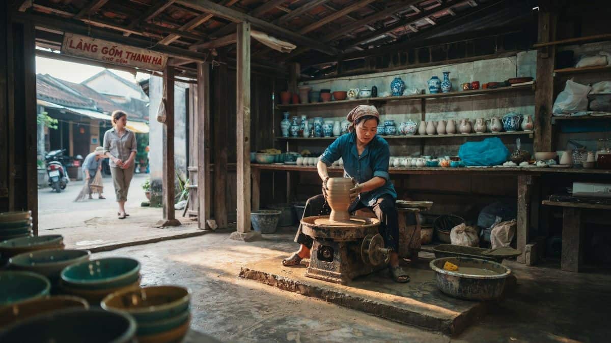 A Thanh Ha potter shapes clay on a wheel as a visitor watches in the workshop near Hoi An, Vietnam.