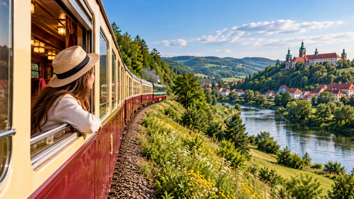 Vintage polish train passing countryside - travel and tour world Tourist looking from retro train carriage