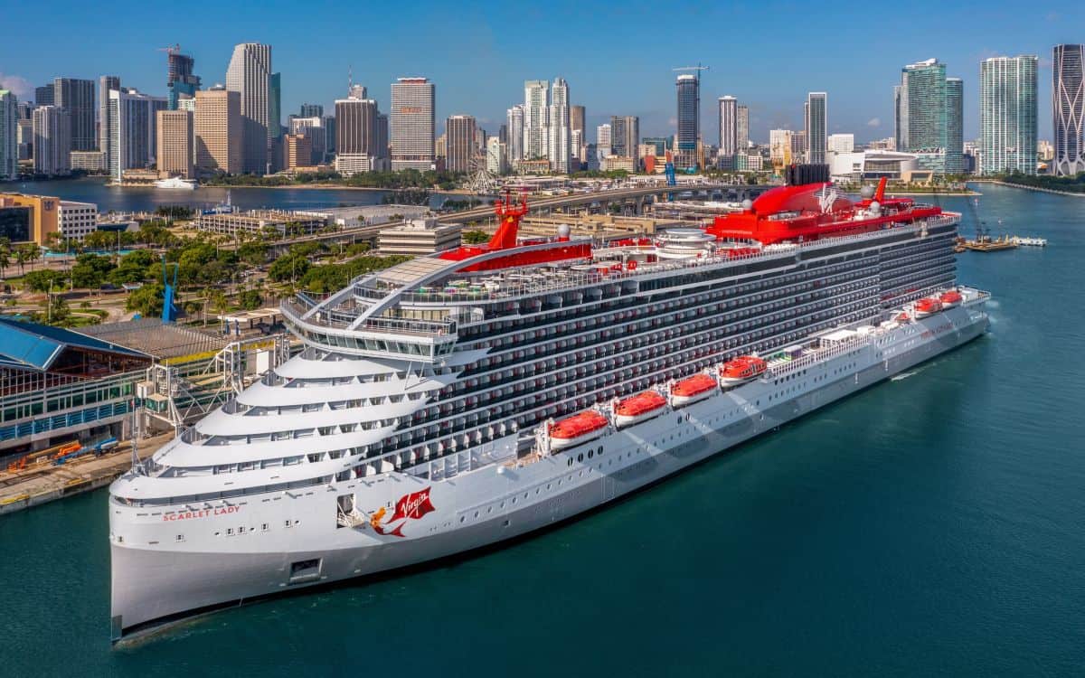 Virgin voyages cruise ship facing strong winds at rhodes port in greece