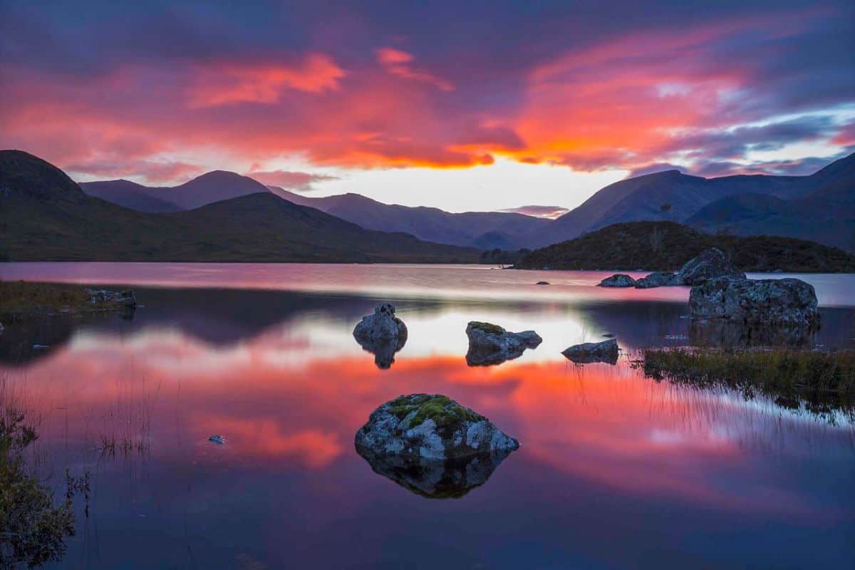 A scenic landscape photograph of a calm scottish loch reflecting a dramatic sunset with vibrant pink, orange, and purple clouds. Dark, rolling mountains frame the background, while moss-covered rocks peek out of the still water in the foreground.