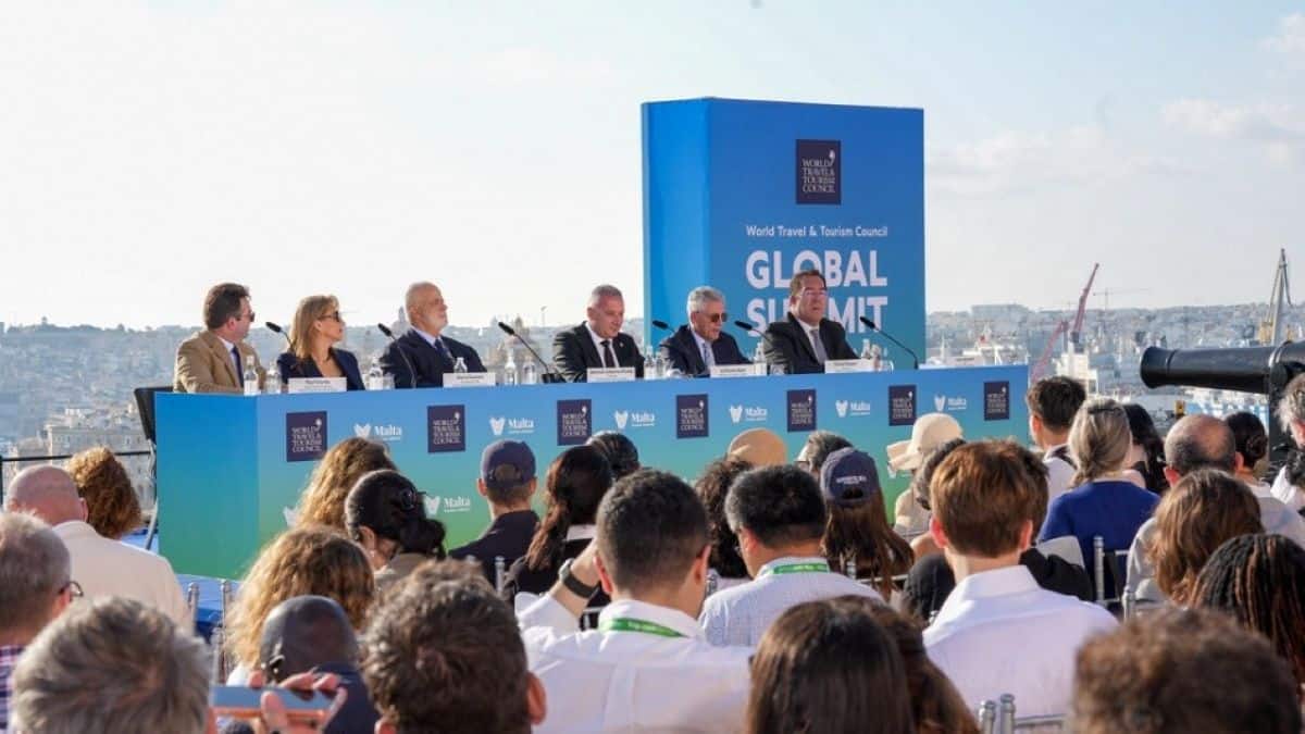 Wttc summit in malta - travel and tour world Tourism summit delegates arrive and network outside the mediterranean conference centre in valletta, malta