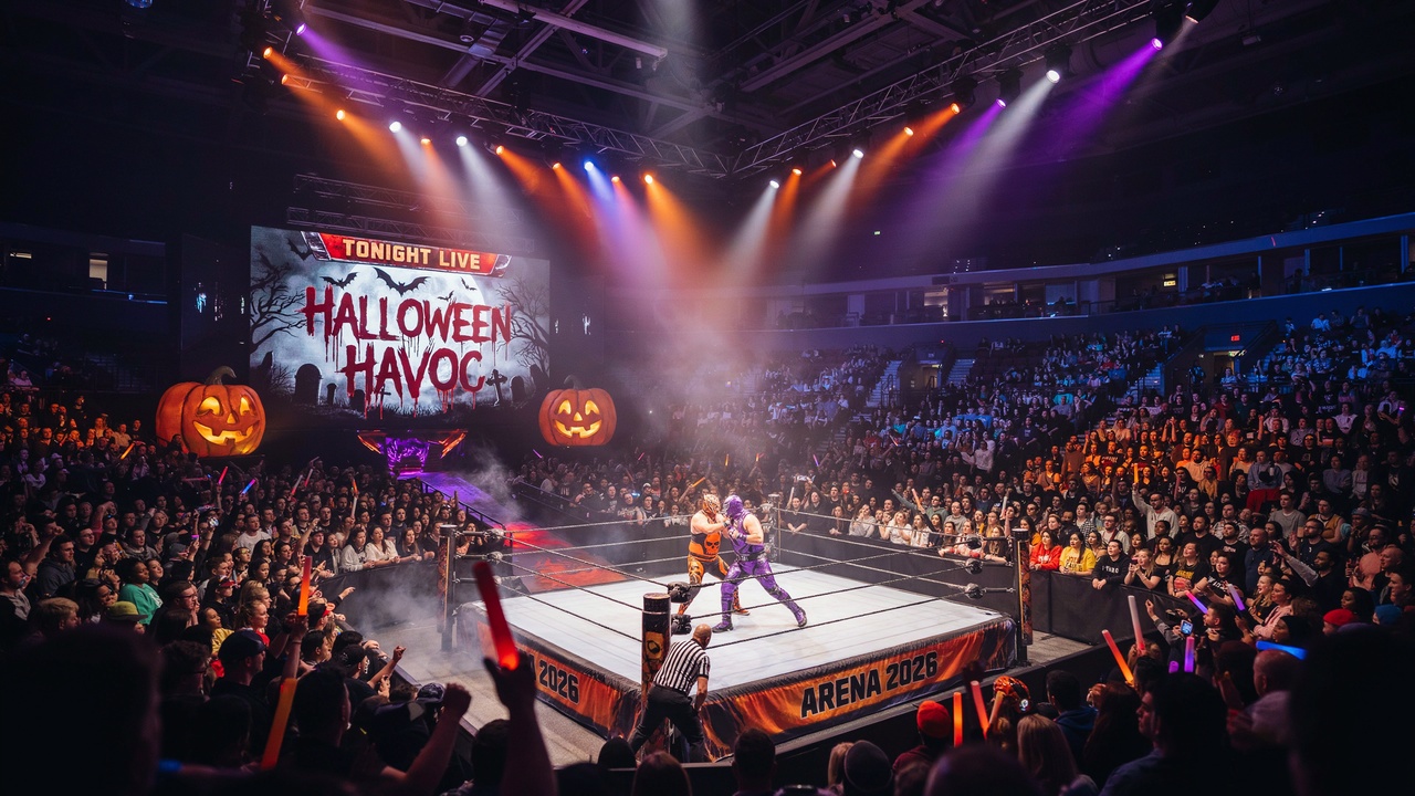 Wwe halloween havoc - travel and tour world Halloween-themed wrestling arena illuminated with orange lights and surrounded by cheering spectators