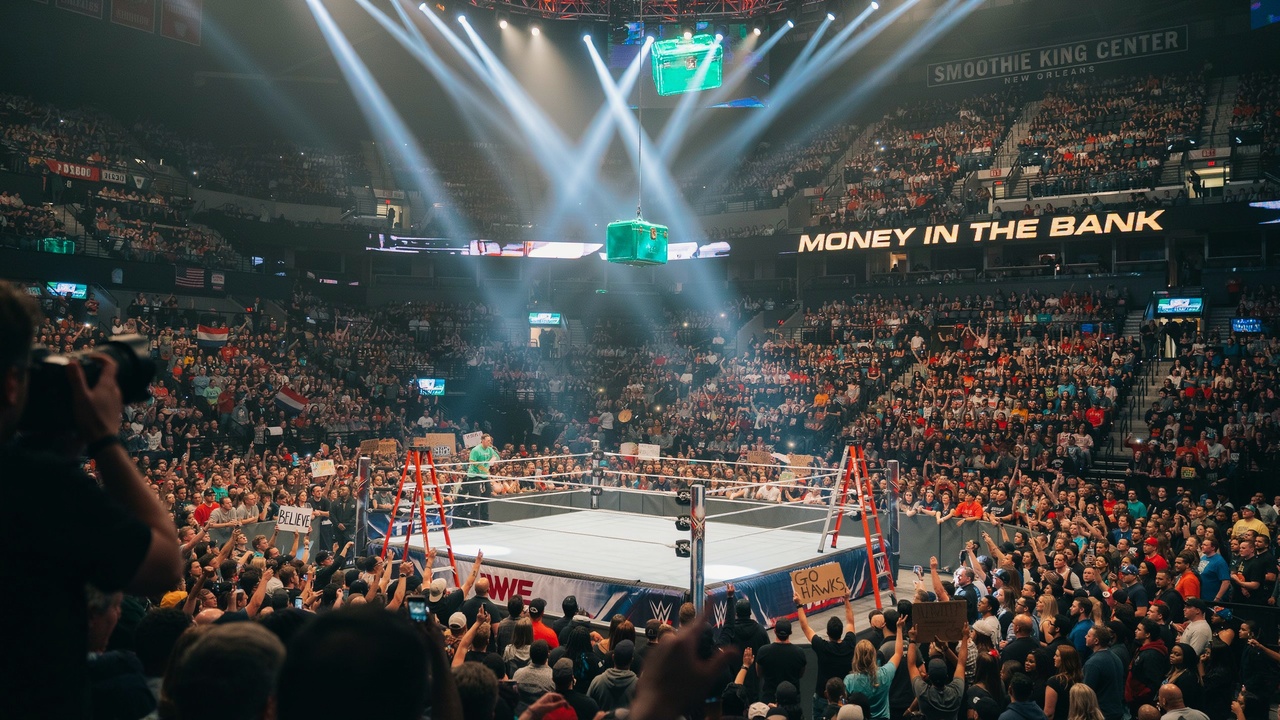 Indoor view of the packed smoothie king center arena during a wwe money in the bank ladder match showcase in new orleans