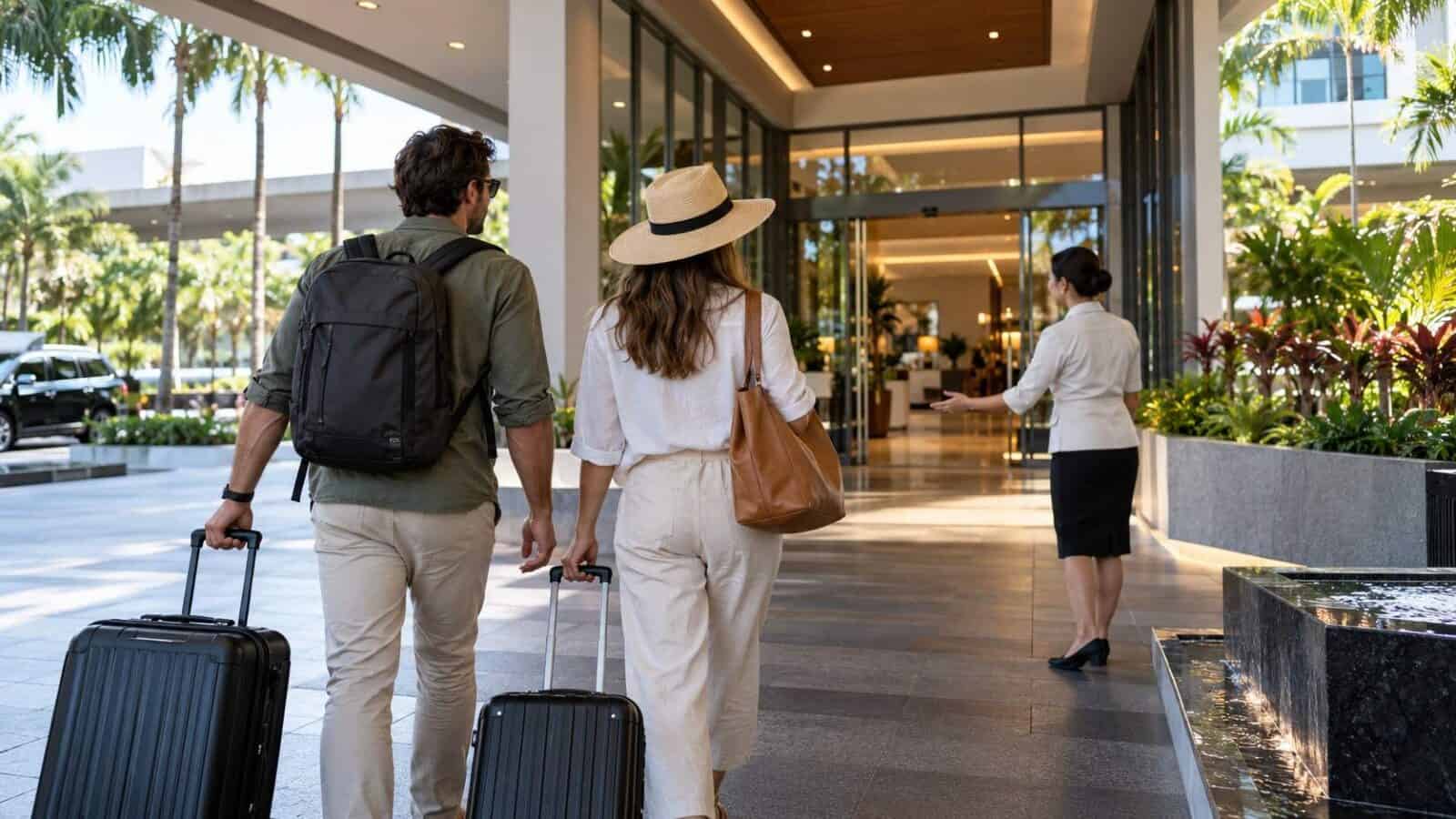 Illustrative malaysia medical tourism scene showing travellers arriving at a healthcare facility in kuching.