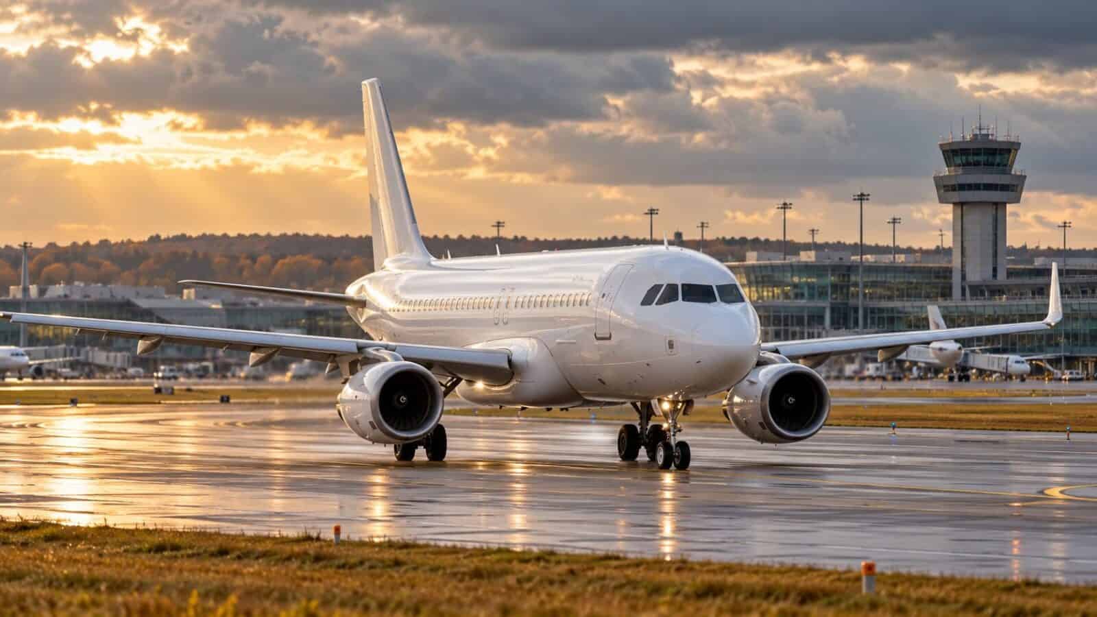 Germany air travel - travel and tour world Unbranded passenger aircraft taxiing at nuremberg airport in an illustrative airport reopening scene.