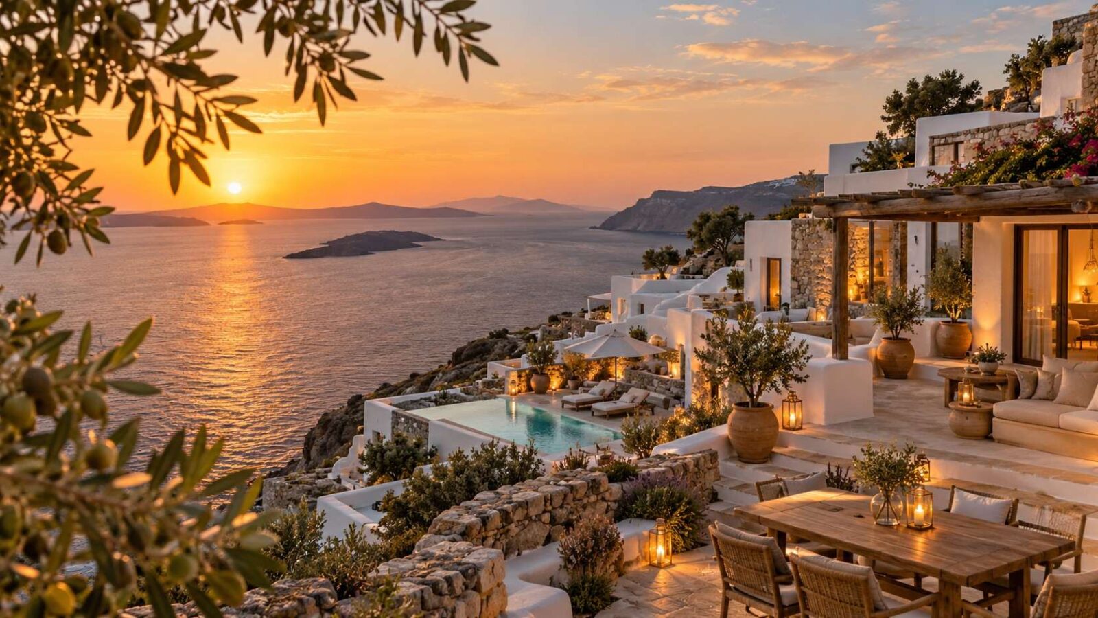 Greece tourism - travel and tour world Greek coastal hotel overlooking the aegean sea, illustrating greece tourism investment and accommodation development.