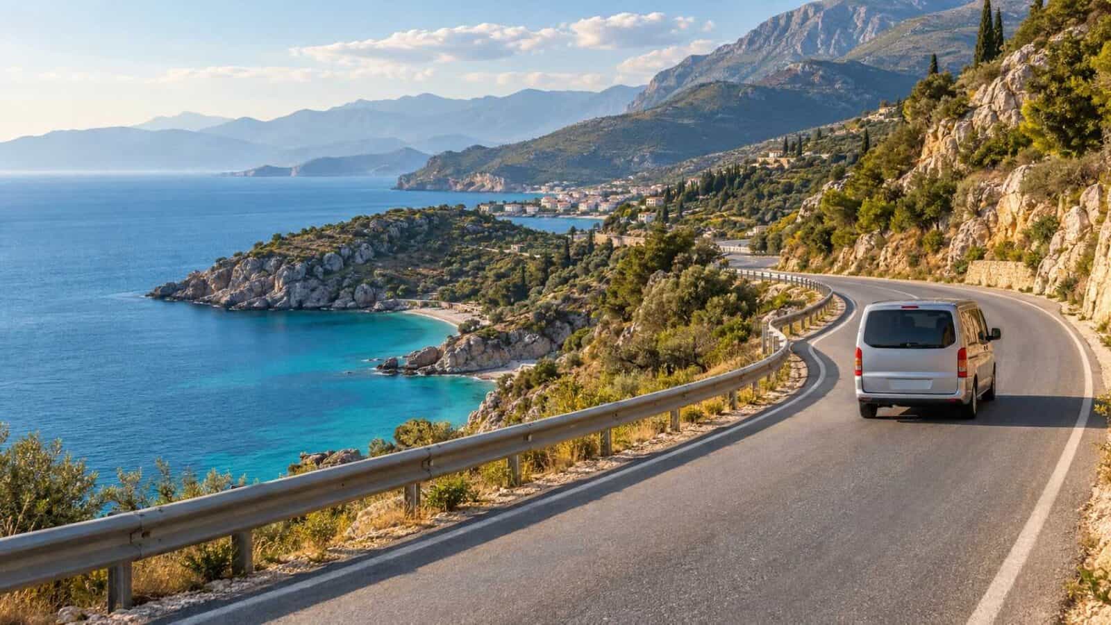 Albania travel budget illustration showing a passenger vehicle on a coastal road above the ionian sea.