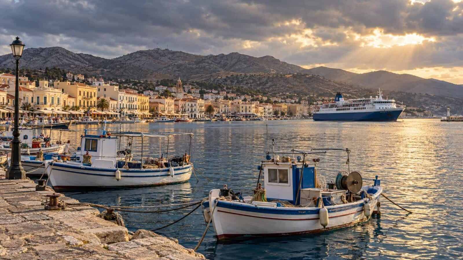 Greece winter travel illustration showing chios harbour with waterfront buildings and a passenger ferry