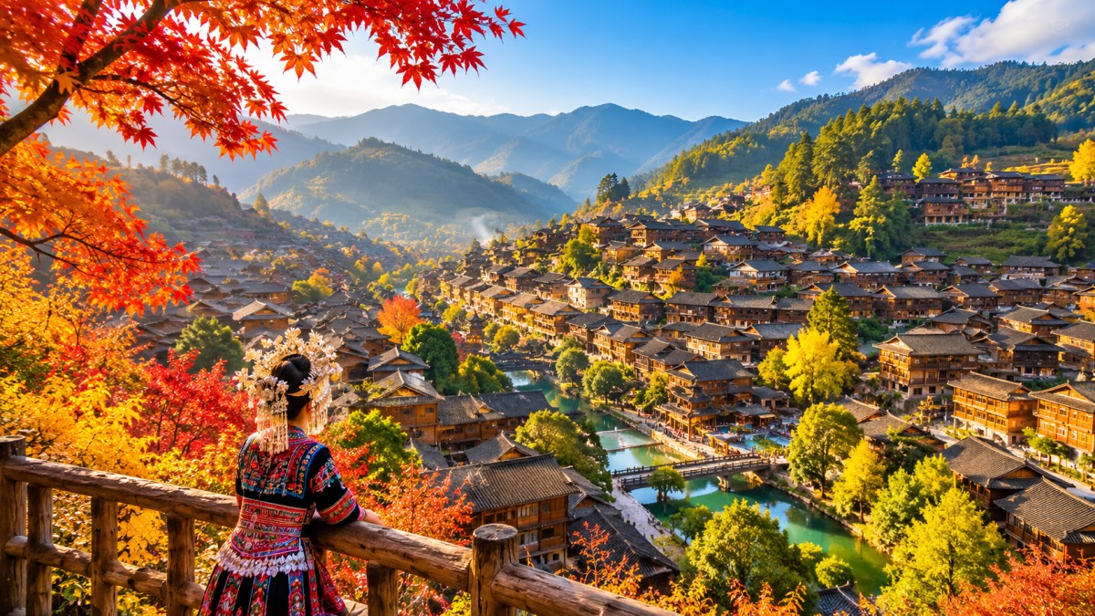Xijiang miao village autumn landscape - travel and tour world Traditional village in autumn scenery