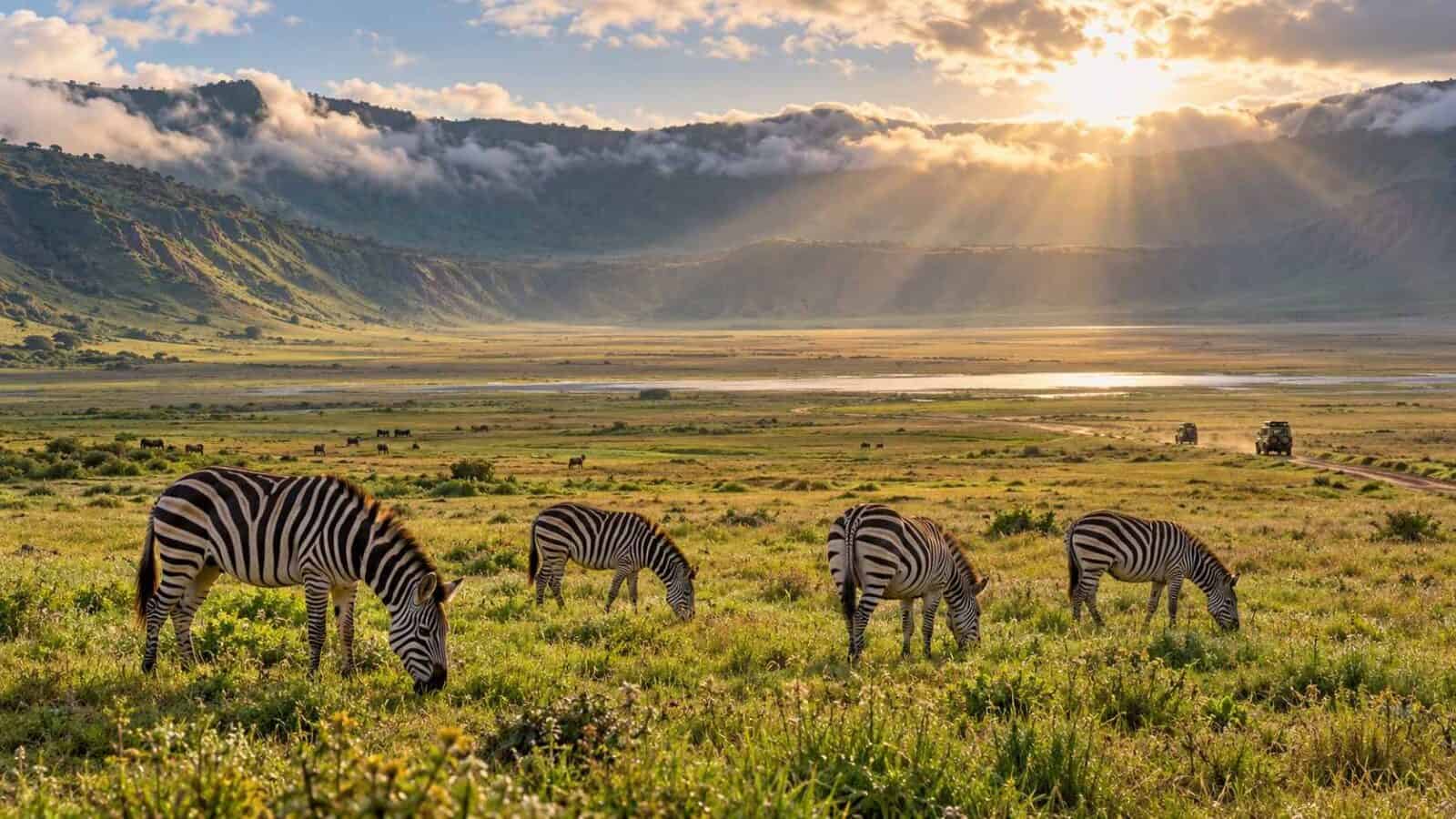 Tanzania - travel and tour world Ngorongoro tourism landscape with grazing zebras and safari vehicles beneath the crater walls in tanzania.