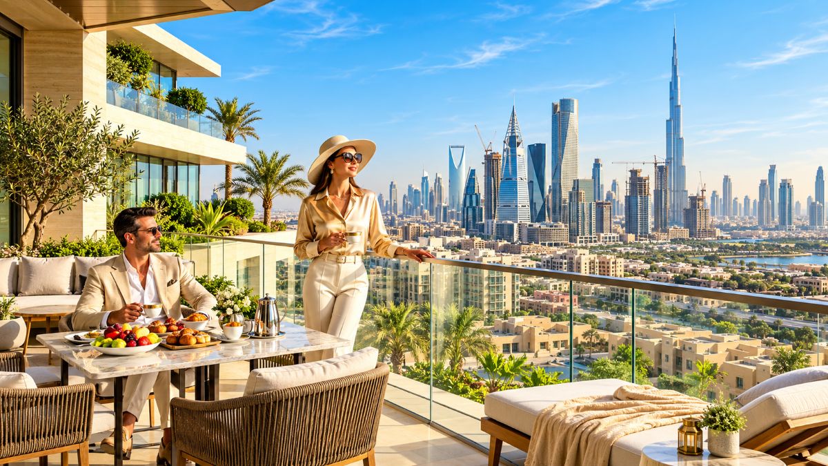 A stylish couple enjoying breakfast on a high-end rooftop terrace overlooking dubai&rsquo;s modern skyline, with palm trees, elegant furnishings, and the burj khalifa under a bright