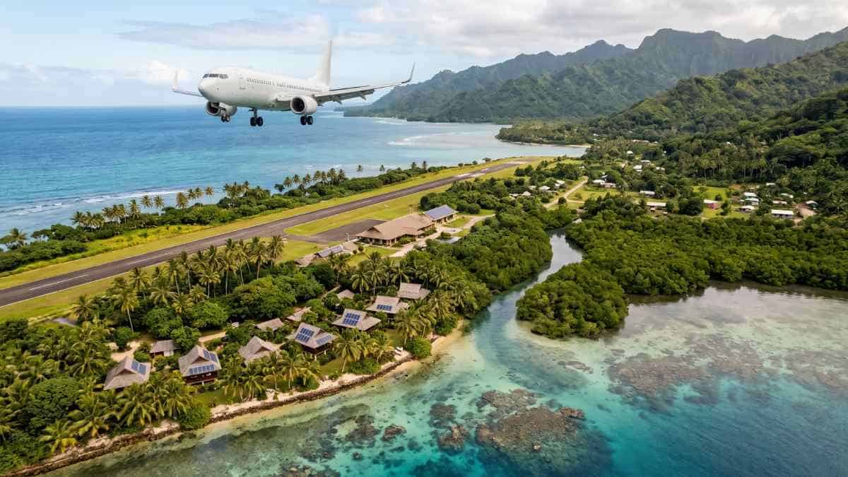 Affordable tourism flights - travel and tour world Aerial wide-angle view of a modern passenger aircraft on final approach over a tropical south pacific island airport, bordered by turquoise coral reefs, lush green mountains, and solar-powered eco-resort villas.