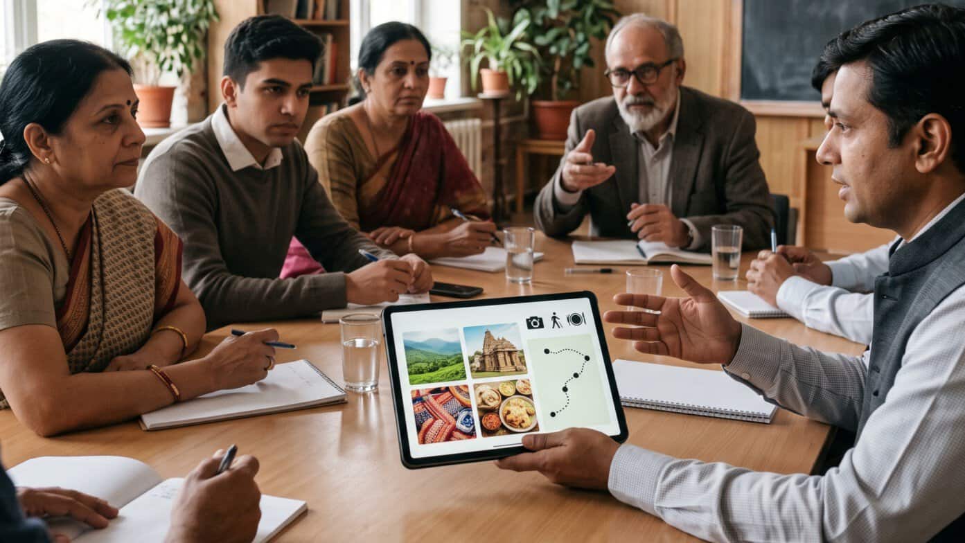 Ai-in-tourism-jammu-india-personalised-travel - travel and tour world Tourism experts and students review destination photographs on a tablet in jammu, india.