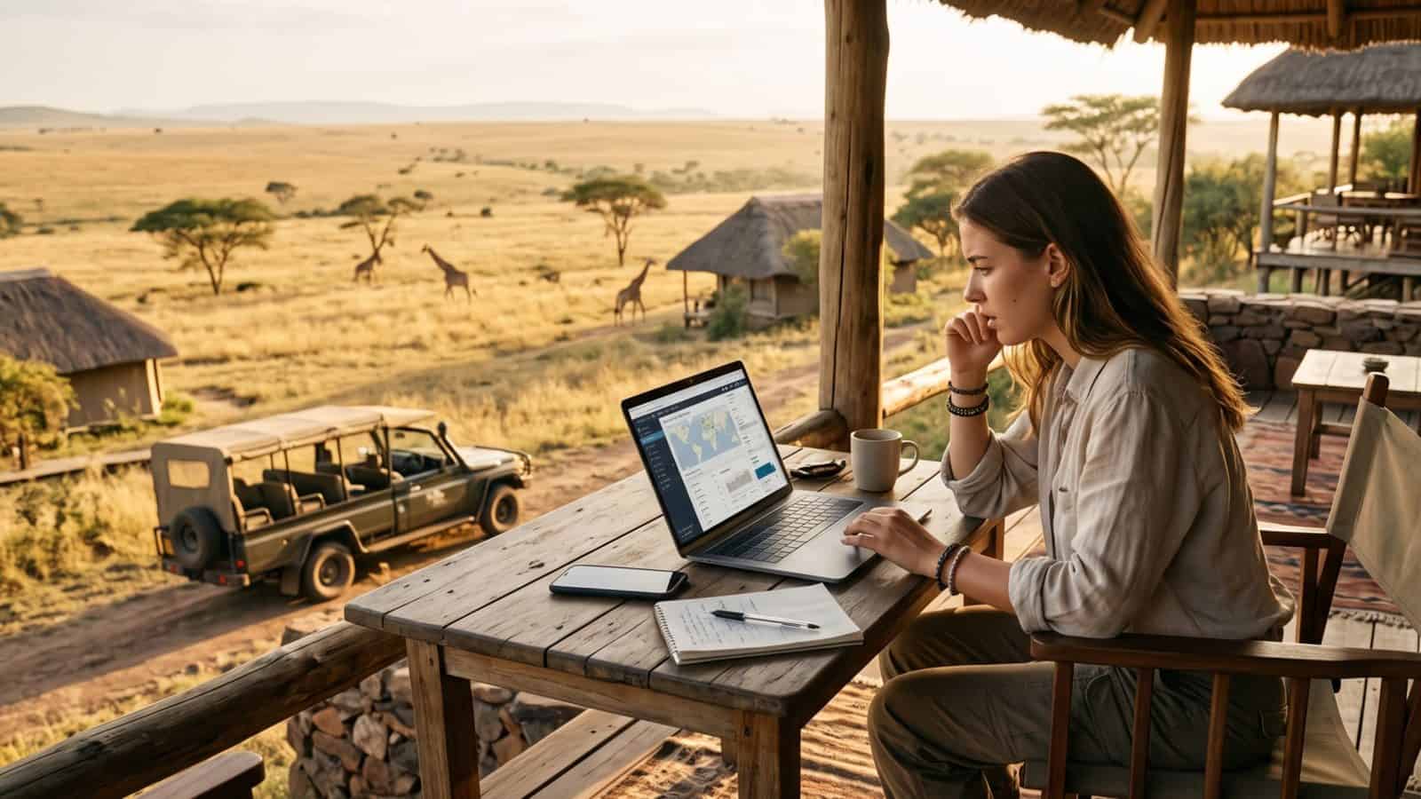 Gen z traveller using ai travel booking in africa at a safari lodge as digital technology transforms holiday planning.