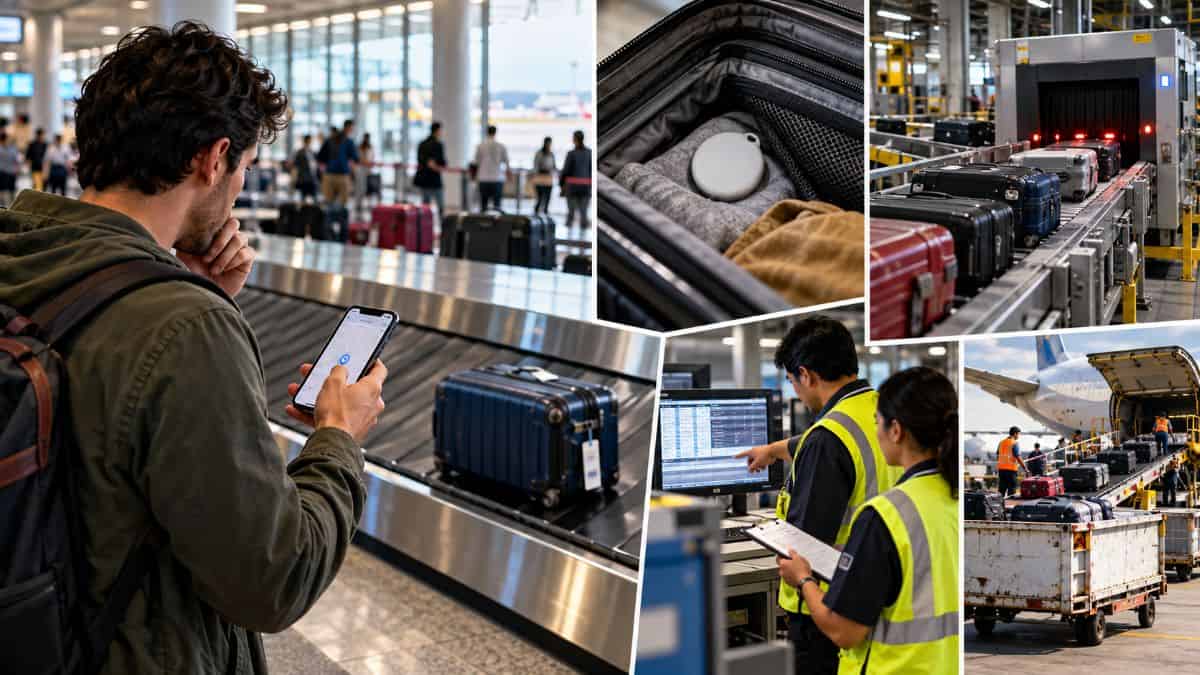 Airtag - travel and tour world Traveller tracking missing luggage on a smartphone at an international airport
