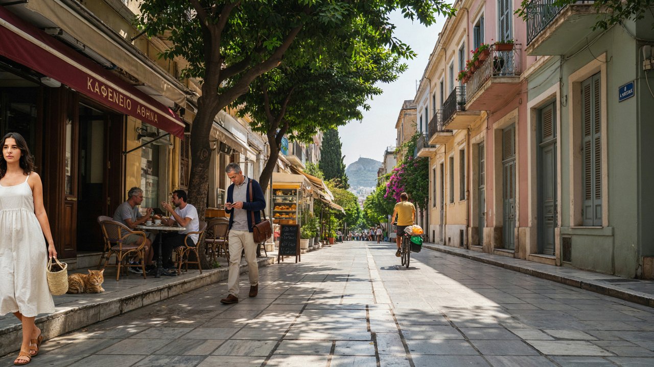 Colourful caf&eacute;s, historic architecture and lively streets showcase kypseli's vibrant neighbourhood culture in Athens, Greece.
