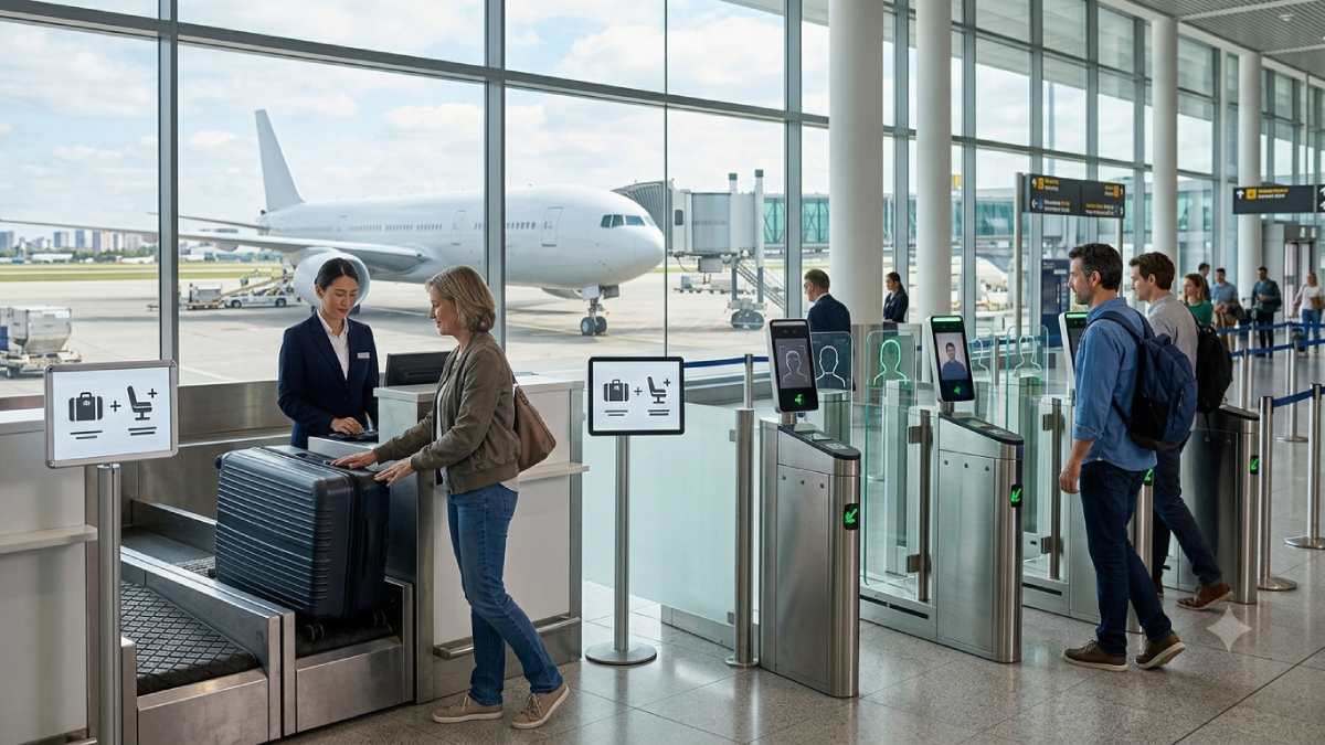 Aviation strategy - travel and tour world A passenger checks luggage at an airport counter featuring an icon fee sign, while travelers pass through automated facial-recognition biometric gates against a background of large floor-to-ceiling terminal windows showing a parked aircraft.