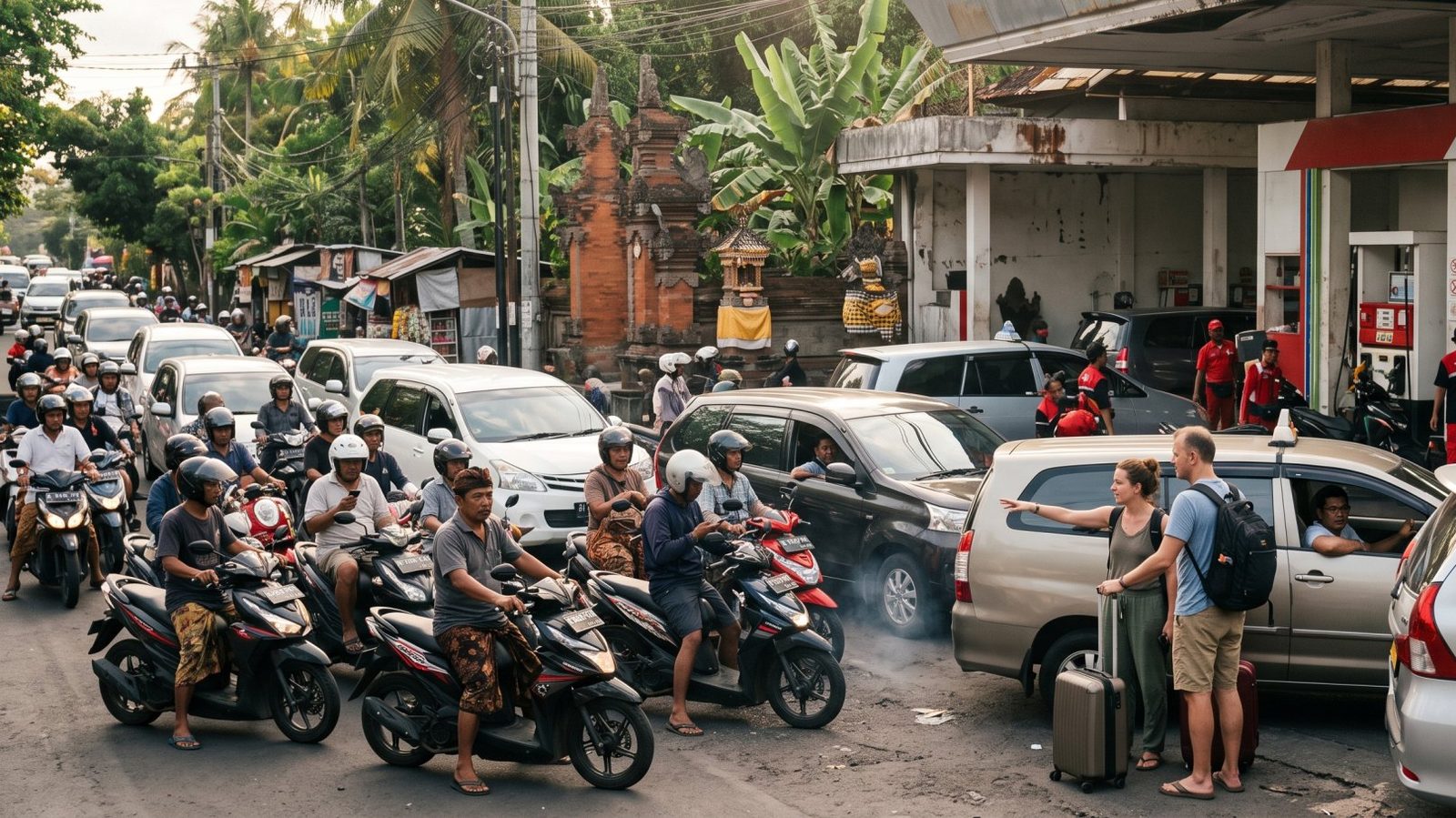 Bali-petrol-shortage-2026-taxi-scooter-rentals-tourist-travel-disruption - travel and tour world Bali petrol shortage 2026 illustrated with taxis, scooter rentals and tourist vehicles queuing for fuel amid travel disruptions in indonesia.