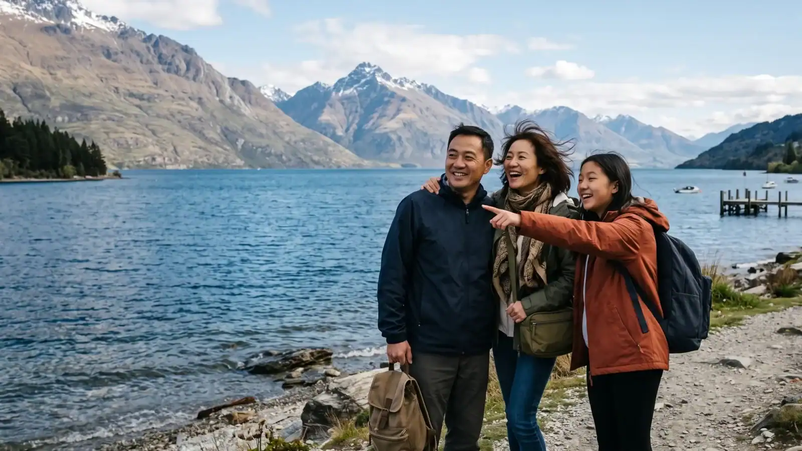 Chinese-tourists-new-zealand-queenstown-lake-wakatipu - travel and tour world Family with travel bags beside lake wakatipu in queenstown, new zealand, with mountains behind them.