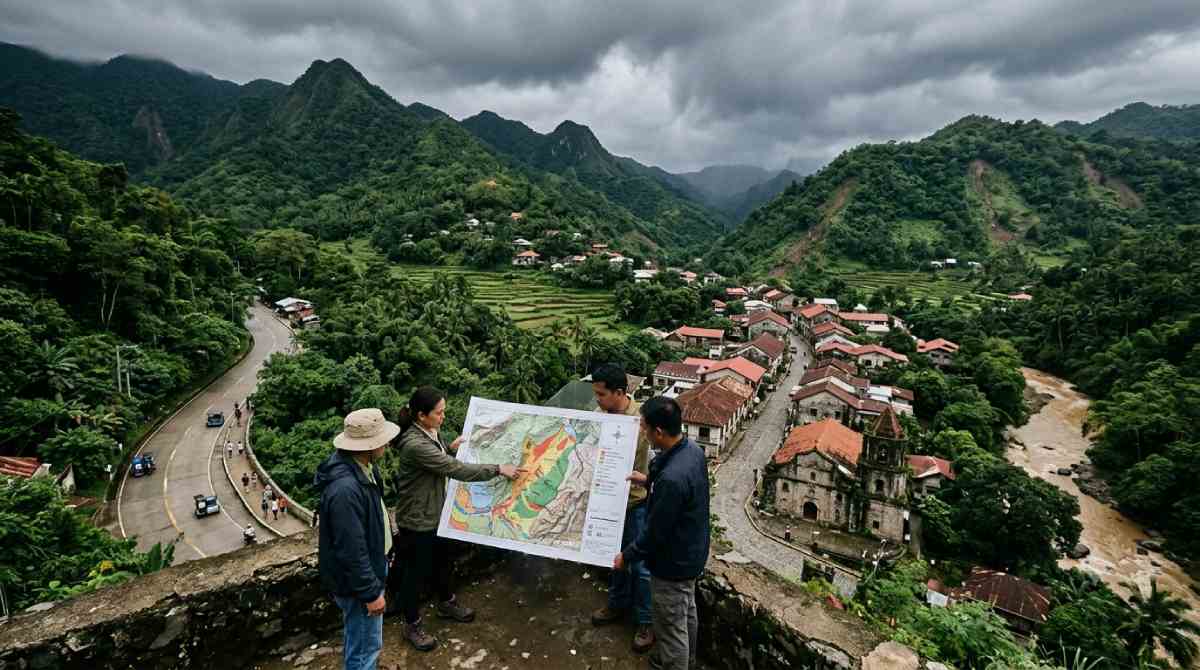 Climate tourism - travel and tour world A group of four surveyors examine a large topographical risk map from an overlook above a lush mountain village vulnerable to landslides and heavy runoff under dark, overcast skies.