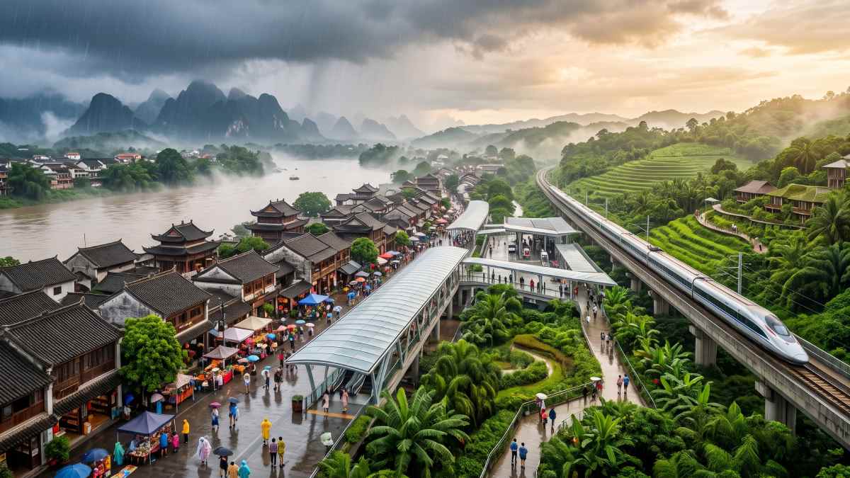 Climate tourism - travel and tour world Elevated view of a high-speed train and a modern sheltered walkway integrating with a riverside historic town and lush terraced hills under contrasting monsoon rain and sunlight.