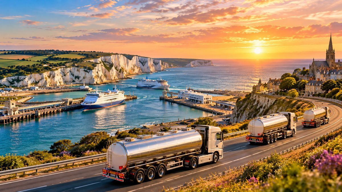 Coastal port with ferry ships, white cliffs, hillside town, and tanker trucks travelling along a scenic highway.