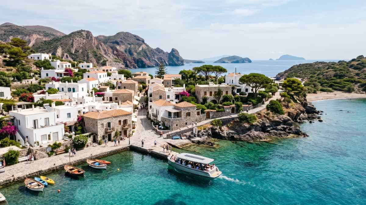 Coolcations travel - travel and tour world An aerial eye-level view of a bustling, car-free mediterranean island harbor with stone houses, walking paths filled with pedestrians, and an electric passenger boat arriving on clear turquoise waters against dramatic volcanic hills.