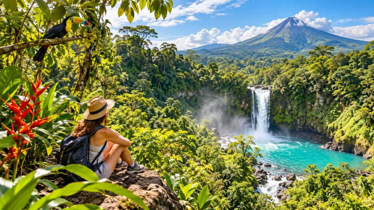 Lush costa rican rainforest surrounding a cascading waterfall during the green season, highlighting the country&rsquo;s natural beauty and wildlife tourism.