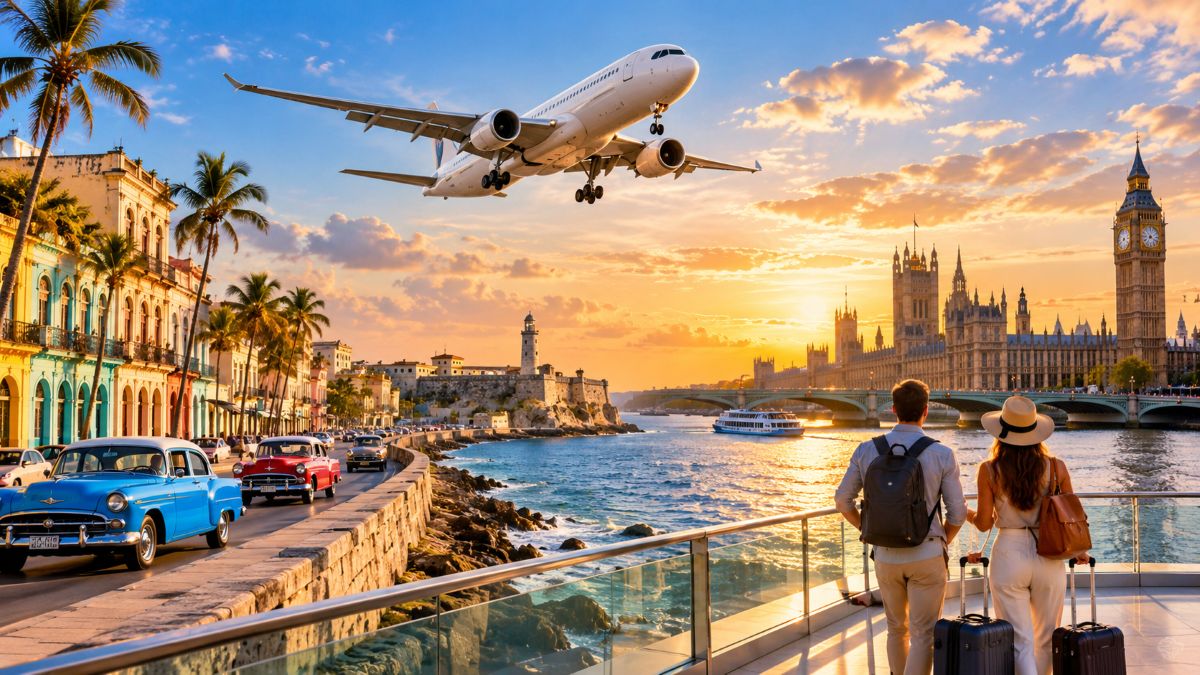 Cuba-uk aviation connectivity with a passenger aircraft flying above a vibrant caribbean waterfront and london skyline, symbolising global interline travel networks and expanding passenger connectivity