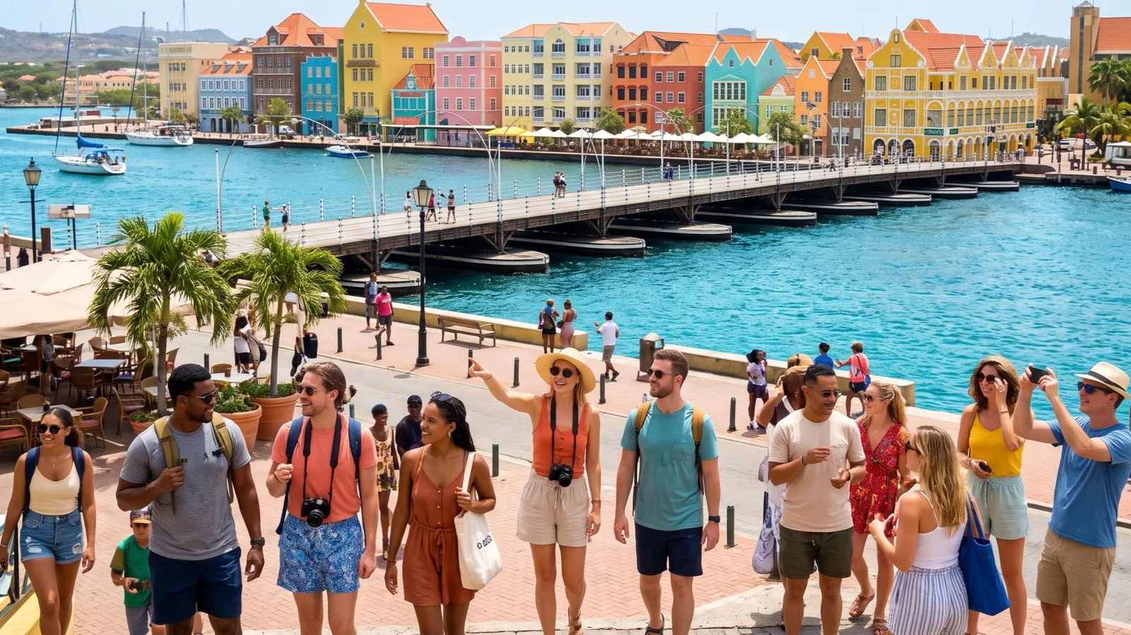 Tourists exploring colourful willemstad waterfront amid cura&ccedil;ao tourism growth in september 2026. Copy alt text